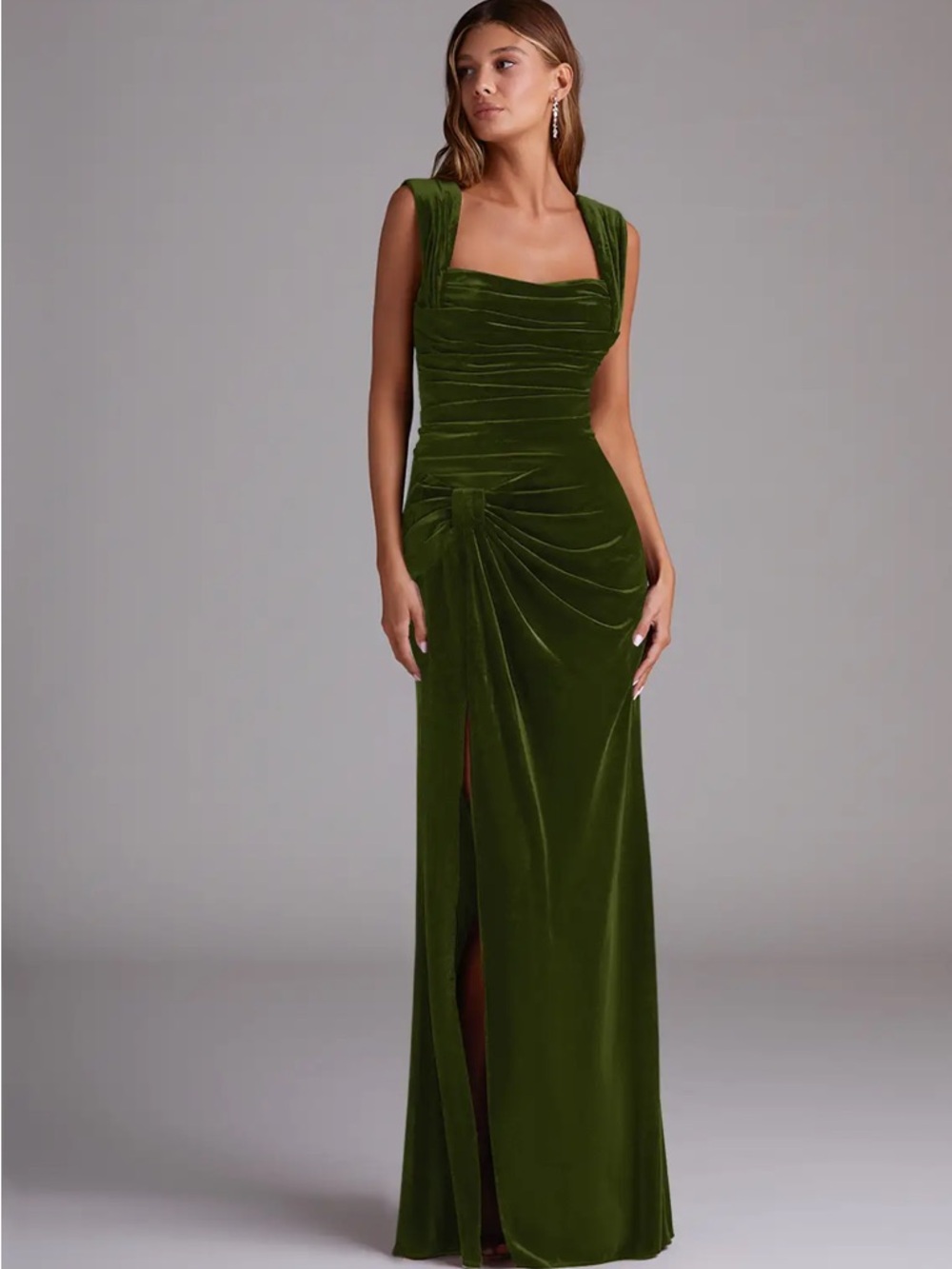 Azazie Olive Green Velvet Evening Gown